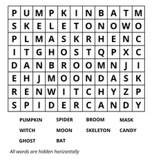 Halloween word search puzzle with themed words in horizontal rows on white background