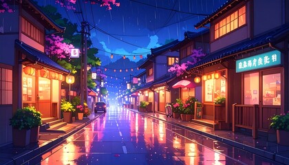 Captivating Anime Cityscape Illustration on a Rainy Night with Vibrant Reflections