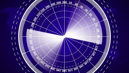 Blue radar screen with world map overlay and sweeping beam