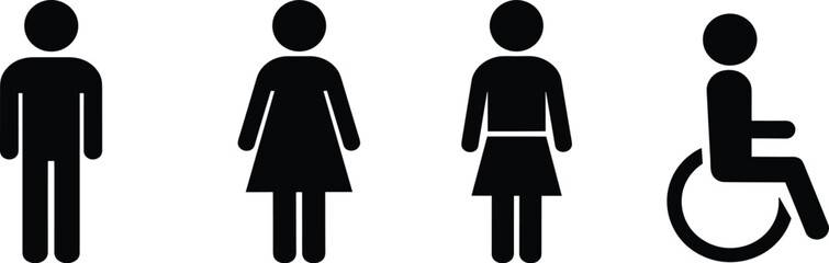 Inclusive gender restroom sign icons, male, female, unisex, wheelchair accessible, toilet symbols, vector illustration, black silhouettes, bathroom symbols, accessibility, equality, diversity, signage