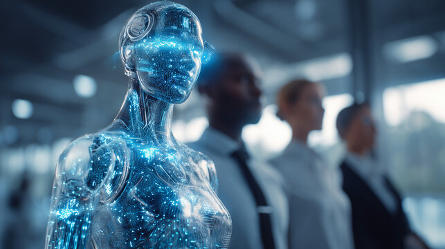 An AI hologram agent representing autonomy and teamwork, standing beside humans in a modern office, symbolizing collaboration between artificial intelligence and human workforce