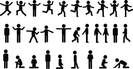 Human stick figure silhouettes, walking, running, jumping, kneeling, crawling, standing, motion, activity poses, black icons, movement actions, simple vector pictograms, isolated illustrations.