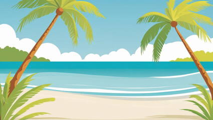Cheerful Cartoon Illustration of a Tropical Beach with Palm Trees