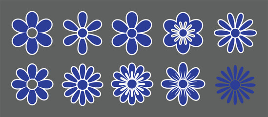 Blue floral emblems with white outlines on a gray background flower symbol