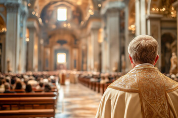 Back view of priest walking through ornate cathedral filled with light and worshippers. Spiritual, religious atmosphere captured in historic architecture with strong copy space.