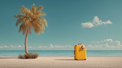 Fototapeta premium Yellow Suitcase with Camera on Sandy Beach Under Blue Sky with Palm Tree and Clouds