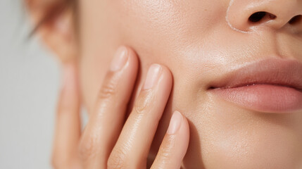 女性の口元と頬をクローズアップで撮影した美肌イメージ。スキンケアや美容関連のビジュアルに適した素材。
