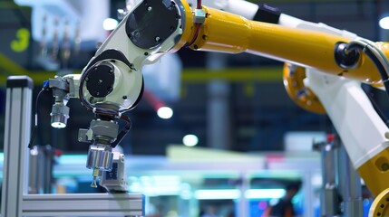 Fototapeta premium Close-up of Industrial Robot: Delving into the Intricate Features of Its Structure, from the Precision of Joints and the Power of Motors to the Sensitivity of Sensors and the Versatility of End Effect