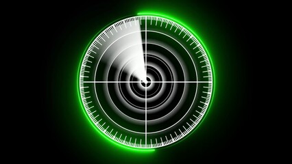 Green radar screen with sweeping beam and concentric circles