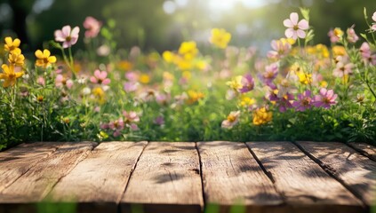Fototapeta premium Rustic wooden planks set against a vibrant flower field bathed in sunlight
