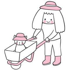 Cartoon Woman Pushing Cat in Wheelbarrow Illustration