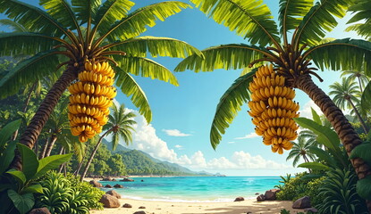 Large bunches of ripe yellow bananas hang on banana trees among green leaves