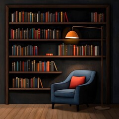 Cozy Reading Nook with Bookshelves, Armchair, and Warm Lighting in a Modern Interior Space