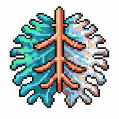 Obraz premium Pixel art brain in blue and white halves split by orange spine, symbolizing duality, intelligence, technology, mental health