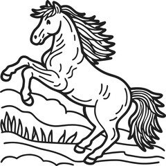 Fototapeta premium Rearing horse line art sketch black and white wild animal illustration with flowing mane and tail on landscape background