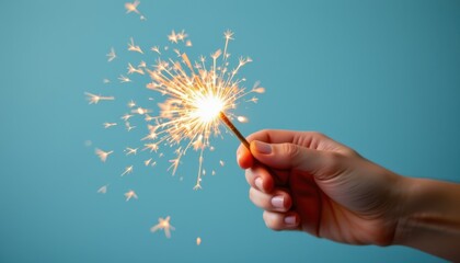 Sparkler in Hand Creating Bright Light Against a Soft Blue Background