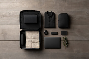 travel planning, flat lay packing checklist with open suitcase, map, laptop, and travel essentials