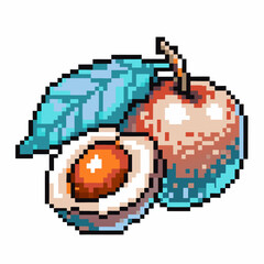 Fototapeta premium Pixel art plum fruit with green leaf and pit retro digital style, sweet summer food, whole and halved plums illustration