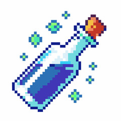Pixel art magic potion bottle with blue liquid and glowing effect retro fantasy game object, enchanted elixir, pixelated icon