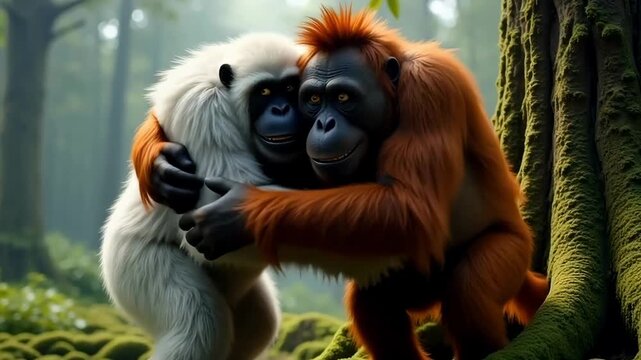Orangutan and white yeti meet, shake hands, and hug like true friends in a forest.
Video generated by AI.	