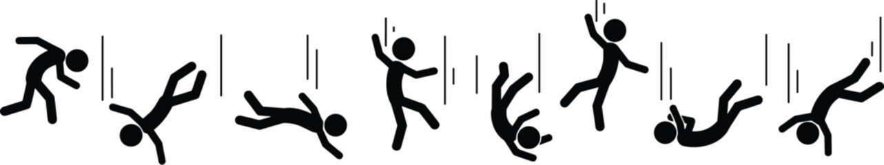 Stick figure falling sequence illustration, person falling down, cartoon fall pose, danger accident slip trip fall, black silhouette falling figure, motion injury icon