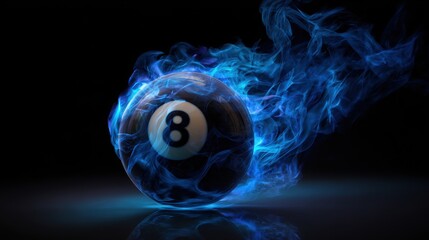 Stunning photo of magic eight ball in blue flames. A striking image featuring a black billiard ball with the number eight engulfed in mystical blue fire on a dark background.