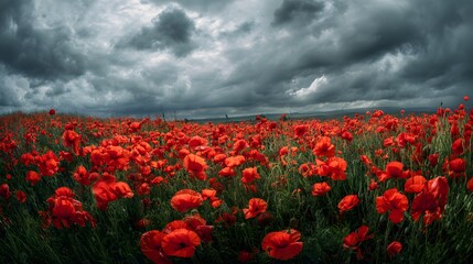 Obraz premium Vast field of vibrant red poppies under a dramatic stormy sky