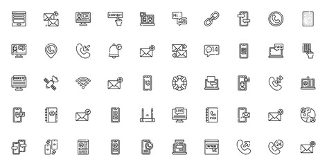Contacts communication icon set. Minimal vector icons pack. Includes mail, reply, chat, call, video call, QR code, wifi, social media, contact book and more. Editable stroke.