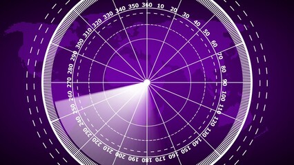 Purple radar screen with world map and sweeping beam 1