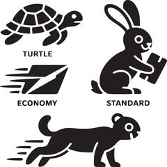 Turtle rabbit dog economy standard shipping delivery speed comparison vector illustration art