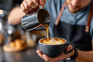 Skillful barista pouring latte art into a dark cup in a cozy cafe setting