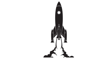 Black and white vector graphic of a rocket launching with smoke