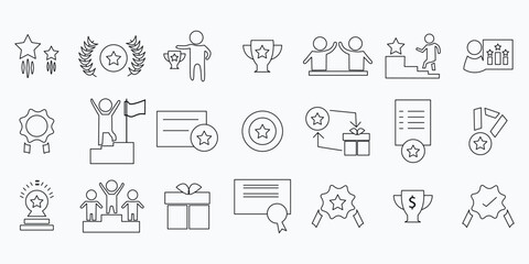 Reward icon set. Containing award, prize, medal, gift, trophy, badge, points, achievement and more. line icons vector