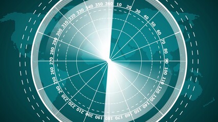 Teal radar screen with world map and navigation lines