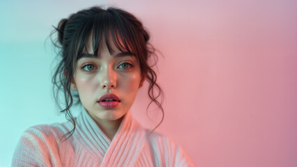 A young woman with dark hair styled in loose buns. Studio portrait with copy space. She wears a soft, light-colored robe against a pink and teal backdrop.