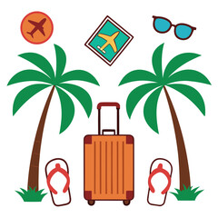 Palm trees suitcase sunglasses and airplane icons travel