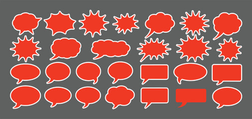 Red speech bubbles and starburst shapes with white outlines on gray background talk chat