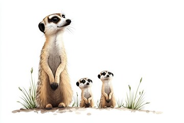 Playful Meerkats Family Posing Together in a Bright Natural Setting, Happy and Curious Expressions