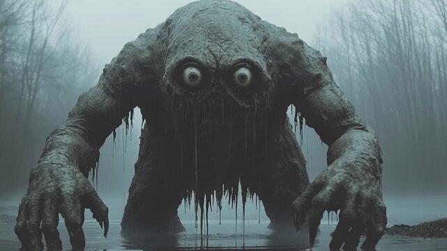 Terrifying Swamp Monster with Glowing Eyes in Misty Forest &ndash; Horror Creature Scene