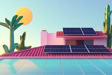 Pastel-toned house with solar panels, tropical plants, and a bright sun