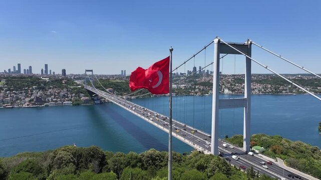 Turkish Flag and Fatih Sultan Mehmet Bridge Drone Video, Otagtepe Kavacik, Beykoz Istanbul, Turkiye (Turkey)