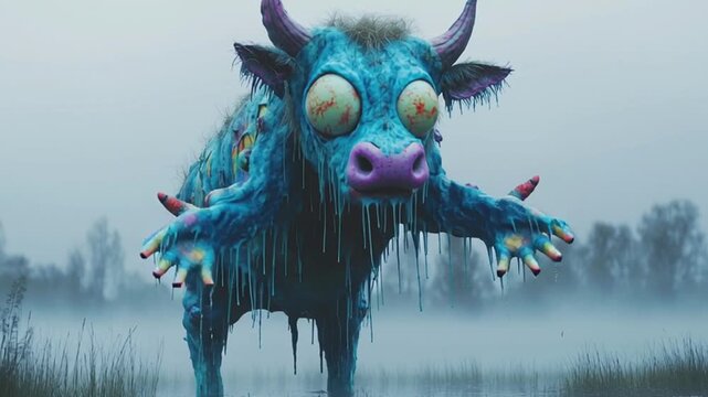 Surreal Mutant Cow in Foggy Swamp &ndash; Horror Cartoon Animal with Giant Eyes