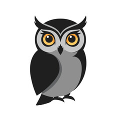 Fototapeta premium Stylized illustration of a dark gray owl with bright yellow eyes, standing upright against a white background.