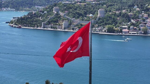 Turkish Flag in the Fatih Sultan Mehmet Bridge Drone Video, Otagtepe Kavacik, Beykoz Istanbul, Turkiye (Turkey)