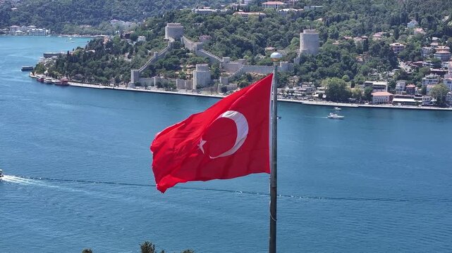Turkish Flag in the Fatih Sultan Mehmet Bridge Drone Video, Otagtepe Kavacik, Beykoz Istanbul, Turkiye (Turkey)