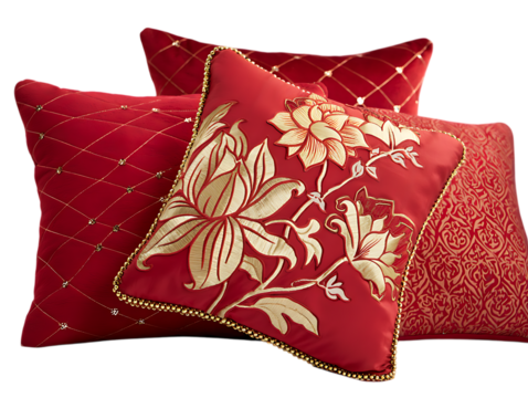 Luxurious red decorative pillows with floral embroidery isolated on transparent background
