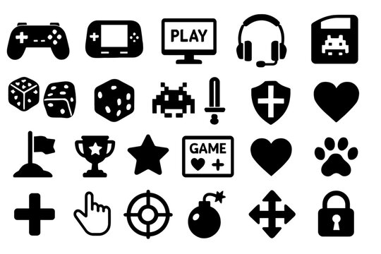 A set of gaming icons depicts controllers, dice, and retro game elements, suitable for app design, development, or user interface compositions