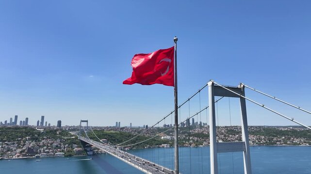 Turkish Flag and Fatih Sultan Mehmet Bridge Drone Video, Otagtepe Kavacik, Beykoz Istanbul, Turkiye (Turkey)