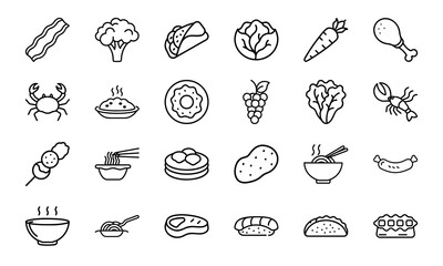 Line Art Food Icon Bundle &ndash; Bacon, Broccoli, Tacos, Cabbage, Carrot, Drumstick, Seafood, Fruits, Asian Noodles, Pancakes, Donuts, Lettuce, and Snack Outline Collection

