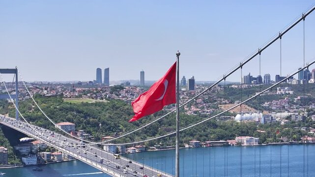 Turkish Flag and Fatih Sultan Mehmet Bridge Drone Video, Otagtepe Kavacik, Beykoz Istanbul, Turkiye (Turkey)